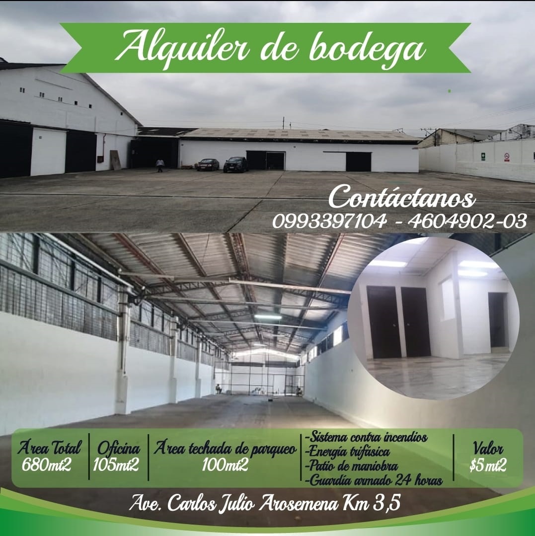 Complejo de bodegas, seguridad armada 24 horas, sistema contra incendios, 700 y 1.200 mt2, con oficina, patio maniobras camiones y contenedores, luz trifásica. 099-3397104, 0984-070005, 4604902.