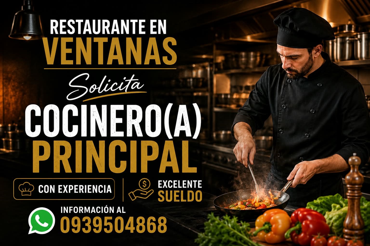 principal para Restaurante en el Cantón Ventanas con experiencia Excelente sueldo información al WhatsApp 0939504868.