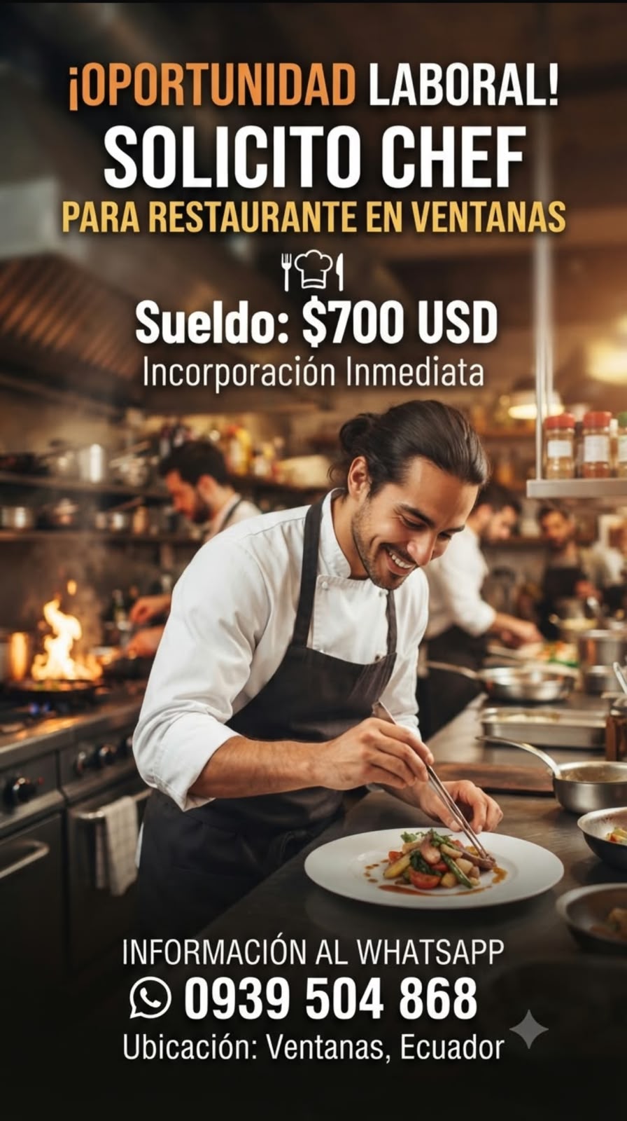 Para restaurante en Ventanas, sueldo $700 Incorporación inmediata. Información al whatsapp 0939504868.